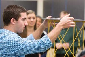Engineering students test structures made of uncooked pasta against simulated earthquakes, including the 1994 Northridge quake