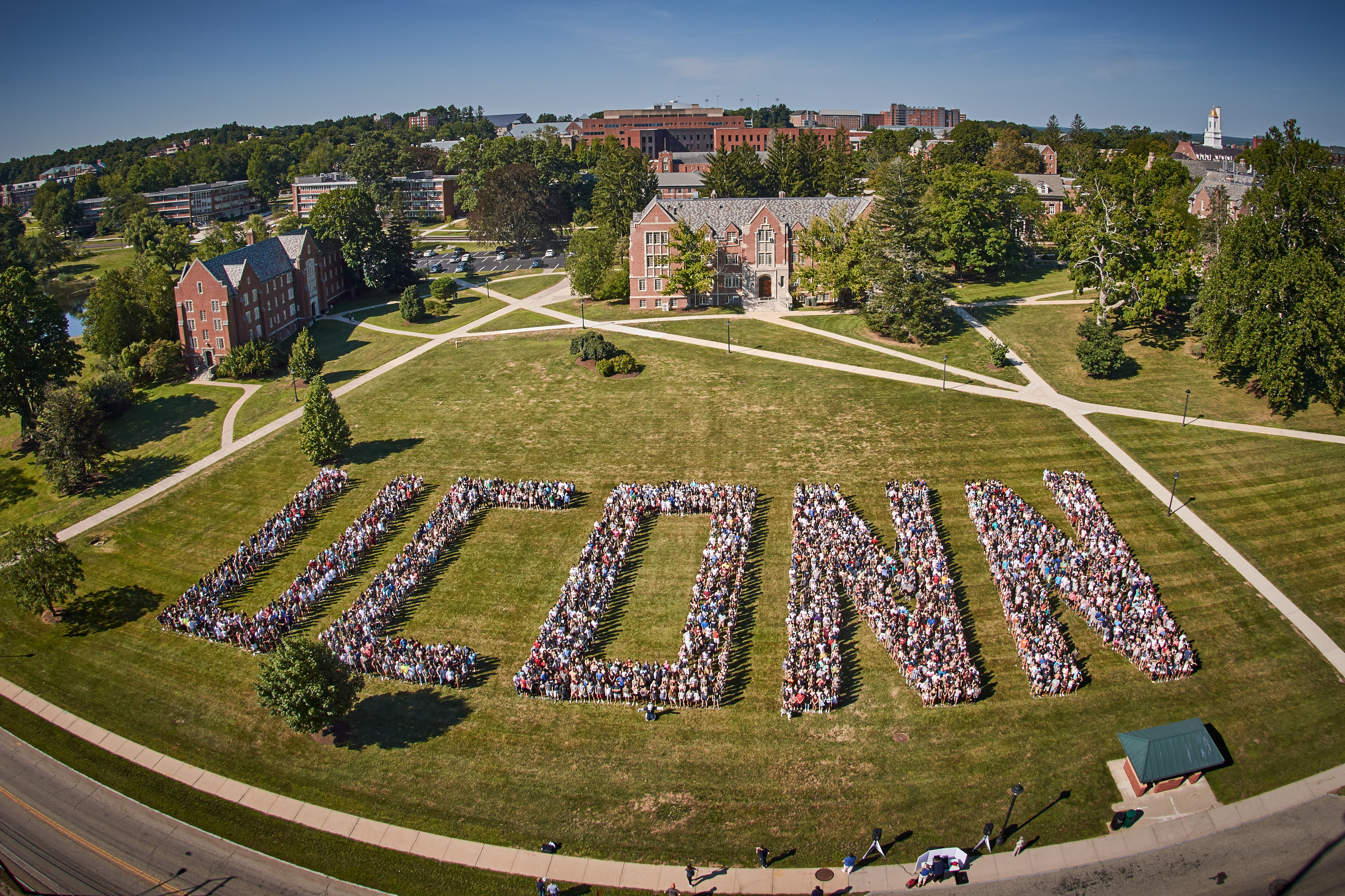 The class of 2020 poses to spell out UConn on the Great Lawn on Aug. 27, 2016. (Peter Morenus/UConn Photo)